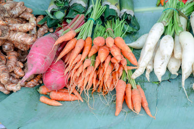 High angle view of vegetables for sale at market stall