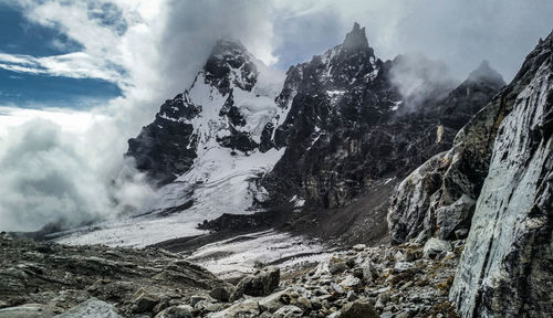 Panoramic view of snowcapped mountains against sky