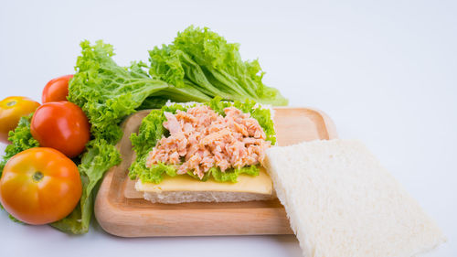 Close-up of vegetables in plate against white background