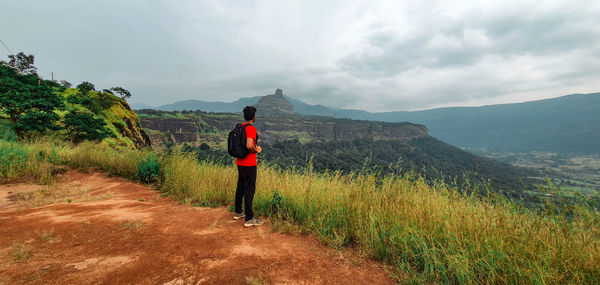 Rear view of man looking at mountain against sky