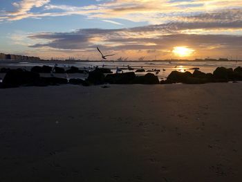 Scenic view of beach against dramatic sky