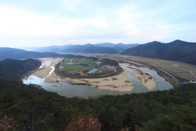 High angle view of land against sky