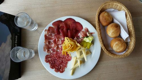 High angle view of breakfast on table