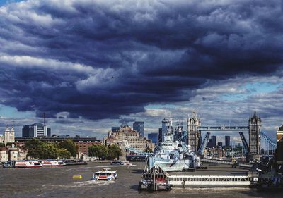 View of buildings in city against cloudy sky