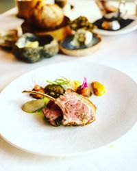 High angle view of food in plate on table