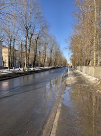 Man walking on footpath by bare trees in city