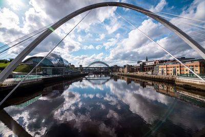 Reflection of bridge on river against sky