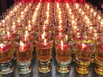 Close-up of illuminated candles on table