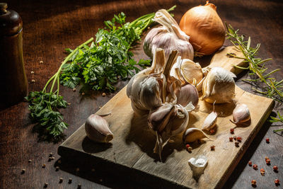 High angle view of chopped vegetables on table