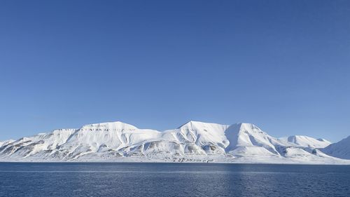 Scenic view of snowcapped mountains against clear blue sky- svalbard 