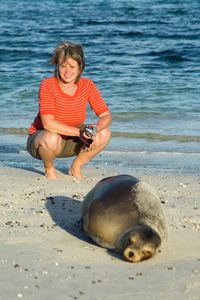 Tourist watching sleeping sea lion on galapagos islands