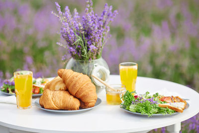 Close-up of breakfast served on table