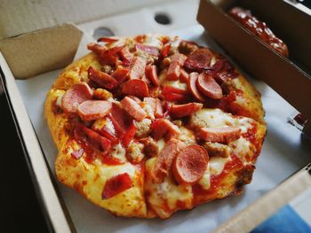 High angle view of pizza on table