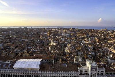 Aerial panoramic view of venice and the lagoon from campanile di san marco in saint mark square