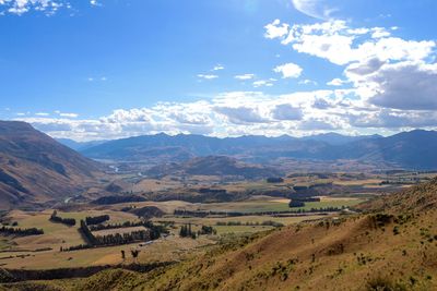 Scenic view of landscape and mountains against sky