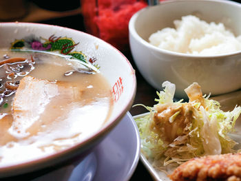 Close-up of soup in bowl on table