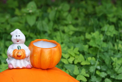 Close-up of pumpkin with pumpkins against blurred background