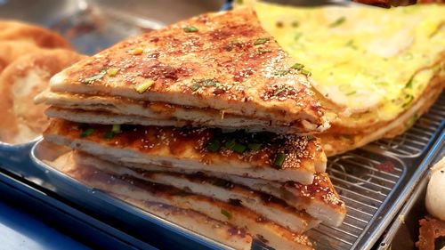 High angle view of bread in plate on table