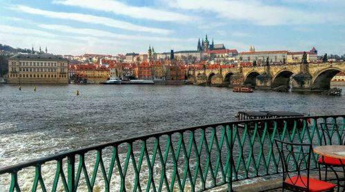 Bridge over river with buildings in background