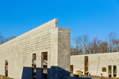 Low angle view of building against clear blue sky