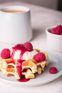 Freshly baked waffles with raspberry syrup and ice cream on a plate