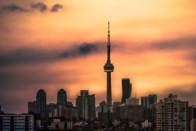 View of buildings against cloudy sky during sunset