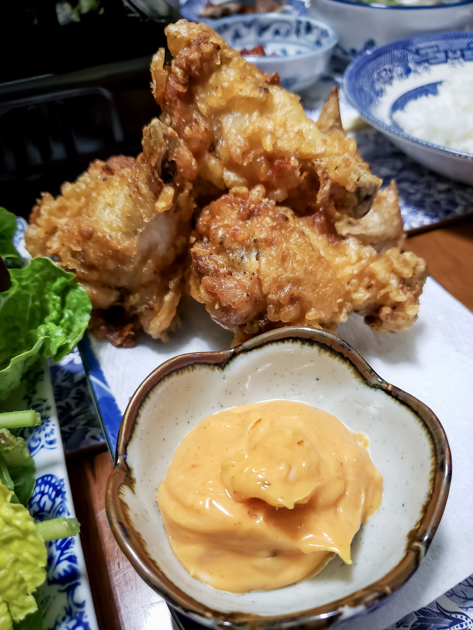 food and drink, food, freshness, plate, dish, healthy eating, fried food, meal, wellbeing, meat, table, cuisine, no people, indoors, still life, serving size, asian food, fried, fast food, close-up, chicken meat, high angle view, chicken, chinese food, vegetable, temptation