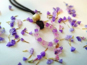 High angle view of purple flowers on table