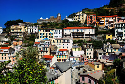 Buildings at manarola against clear blue sky