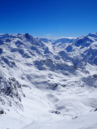 Scenic view of snowcapped mountains against clear sky