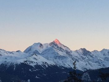 Scenic view of snow mountains against clear sky