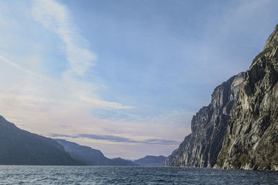 Scenic view of sea and mountains against sky