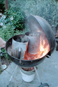 High angle view of food on barbecue grill