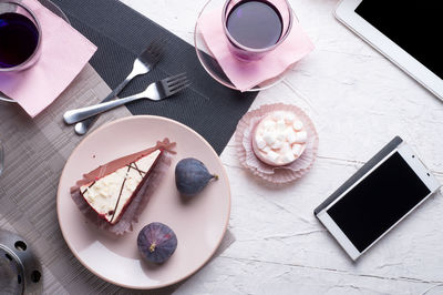 High angle view of breakfast on table