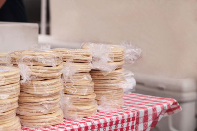 Stack of packed food on table