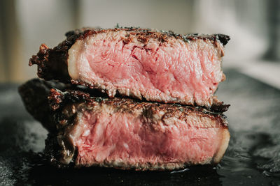 Close-up of meat on barbecue grill