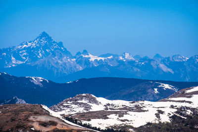 Scenic view of snowcapped mountains against clear blue sky