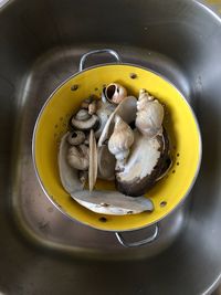 High angle view of meat in bowl