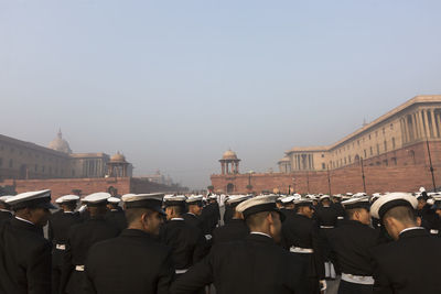 Indian navy men are doing rehearsal before the republic day parade in new delhi, india.