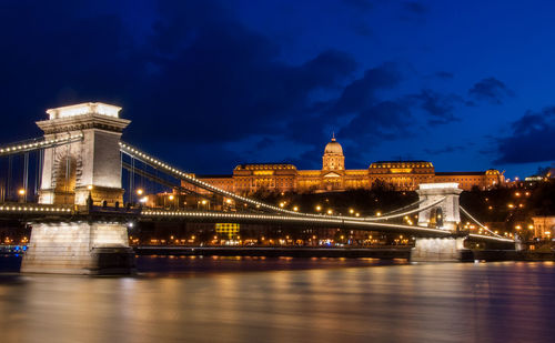 Royal palace or the buda castle and the chain bridge after sunset idanube river in budapest hungary.