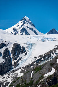 Scenic view of snowcapped mountains against clear blue sky