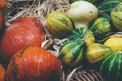 High angle view of pumpkins in market