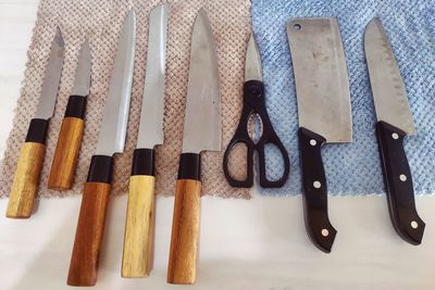 High angle view of tools on table