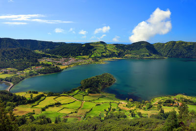 Scenic view of lake amidst landscape at azores
