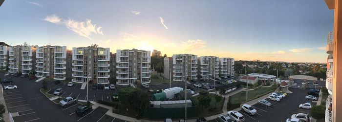 High angle view of cityscape against sky during sunset