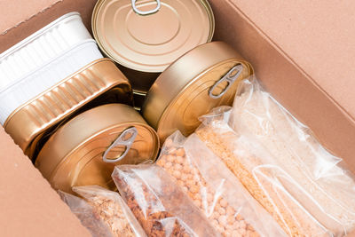 High angle view of containers on table
