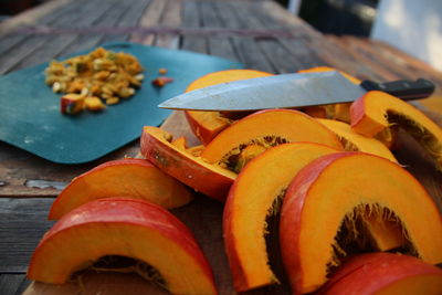 Close-up of sliced pumpkin on table