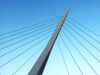 Low angle view of power lines against clear blue sky