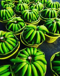 The raw green bananas in the yellow buckets 