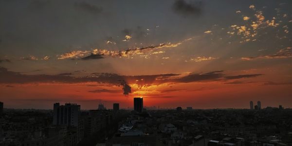 Panoramic view of buildings against sky during sunset